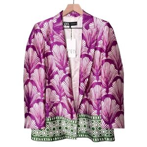 NWT Zara‎ Women’s Satin Effect Printed Blazer Jacket Green Purple White Medium